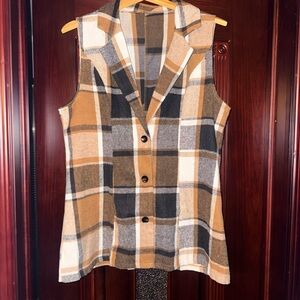 SHEIN Tan, Black & Gray Plaid Sleeveless Button Front Vest
